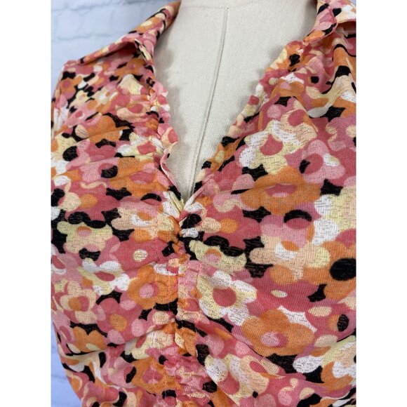 ⭐ 3/$15 Vintage Y2K Nine West Small Pink Orange Floral Collared Ruched Blouse - Picture 4 of 8